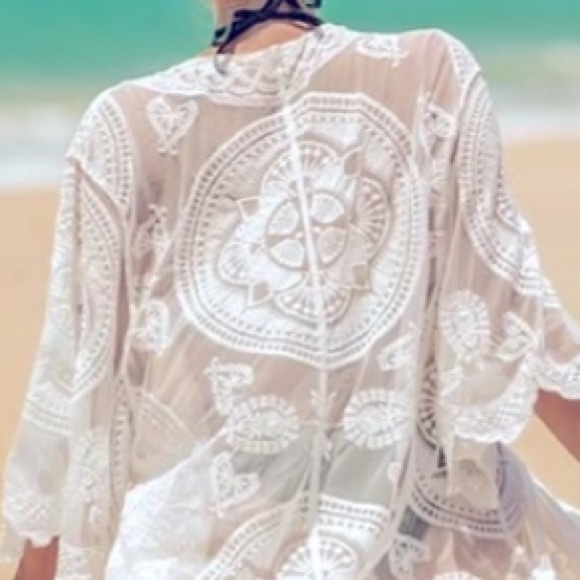 Sheer Embroidery Tie Front Mesh Kimono - Picture 6 of 12